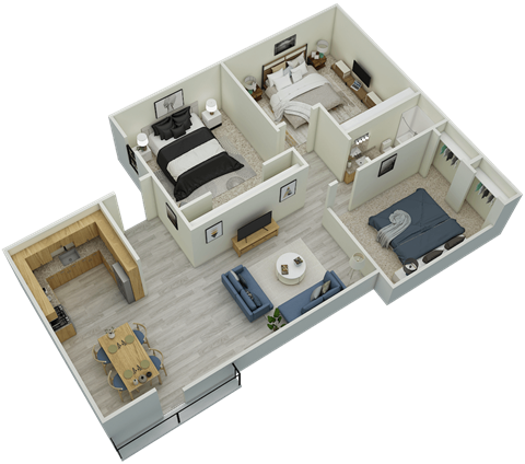 3D The 3-bedroom, 1-bath, 1,100 square foot 2D floor plan at Mountainside Apartments in Birmingham, AL